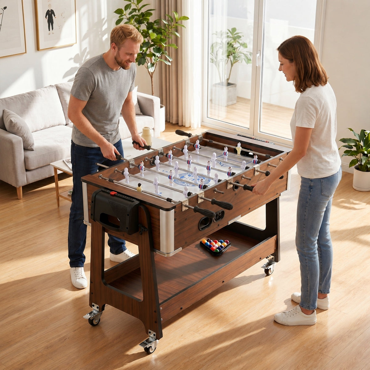SPORTNOW 3 in 1 Multi Game Table, 3.4ft Reversible Air Hockey Pool Football Games Table with Lockable Wheels, Storage Shelf