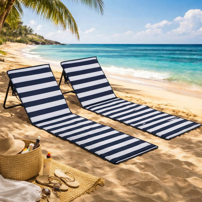 Outsunny Set of 2 Foldable Garden Beach Chair Mat, Outdoor Sun Lounger Seats with Adjustable Back, Magazine Pocket, Carry Bag