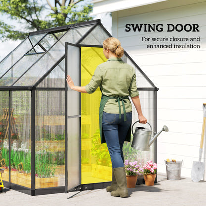 Outsunny Polycarbonate Greenhouse with Swing Door and Adjustable Window, Walk-in Greenhouse with Rain Gutter, 5.5 x 6ft, Black