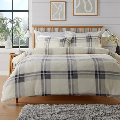 Orkney Check Fleece Duvet Set Grey Green Super Soft Luxurious Bedding Single Double King with Pillowcases Perfect for Winter Nights by OLIVIA ROCCO