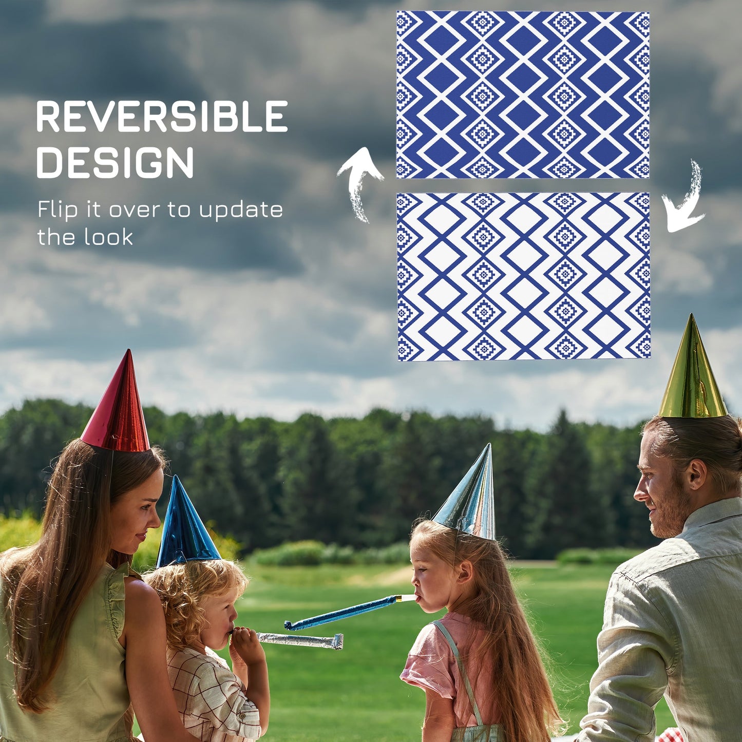 Outsunny Plastic Straw Reversible RV Outdoor Rug with Carry Bag, 182 x 274cm, Blue and White