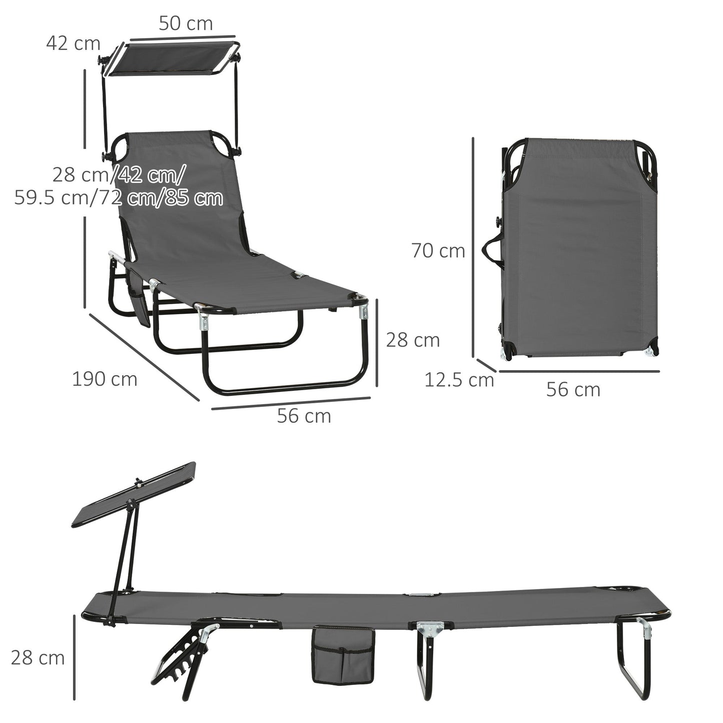 Outsunny 2 Piece Folding Sun Loungers with Canopy, Adjustable Recliner Garden Chairs with Side Pocket, Steel Frame and Breathable Mesh for Outdoor, Pool, Beach, Garden, Dark Grey