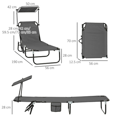 Outsunny 2 Piece Folding Sun Loungers with Canopy, Adjustable Recliner Garden Chairs with Side Pocket, Steel Frame and Breathable Mesh for Outdoor, Pool, Beach, Garden, Dark Grey
