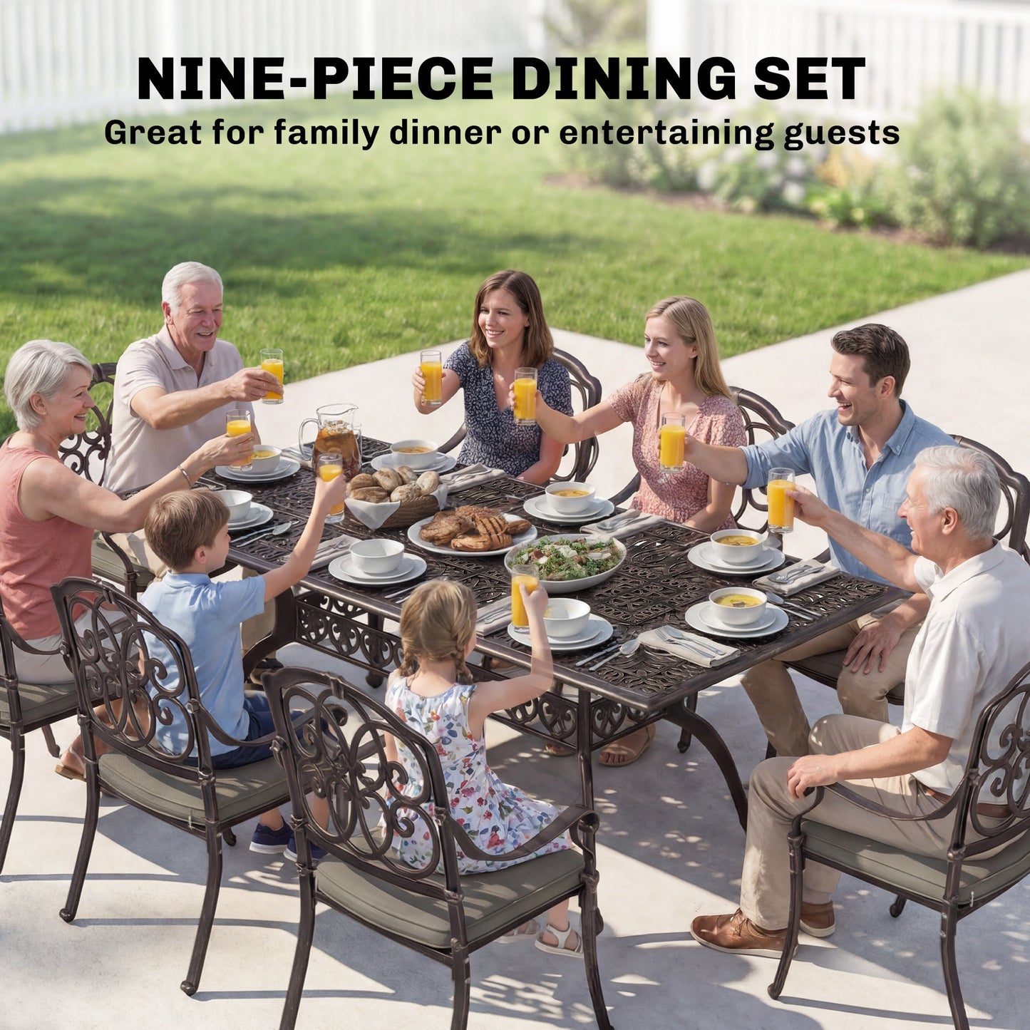 Outsunny 9 Piece Cast Aluminium Garden Dining Set, Garden Table and Chairs Set with Cushions, Parasol Hole for Patio, Bronze Tone