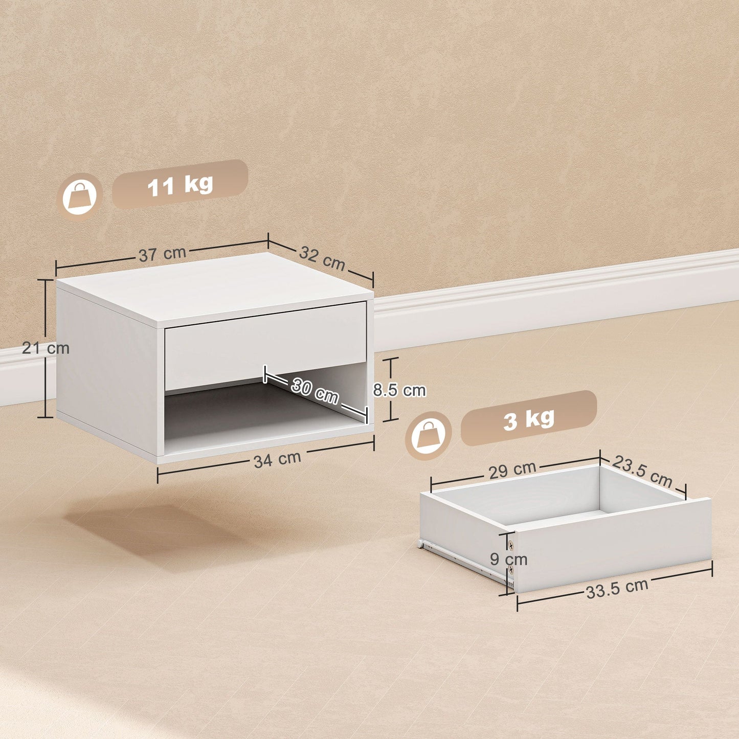 HOMCOM Set of Two Floating Bedside Tables - White