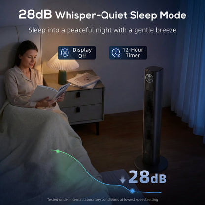 HOMCOM 28dB Tower Fan for Bedroom, 36 inch, 8 m/s Velocity Standing Cooling Fan with 80° Oscillating, BLDC Motor, 12 Speeds, LED Display, 4 Modes, 12H Timer, Remote Control, Black