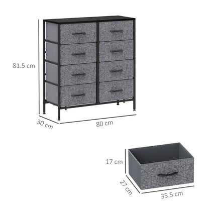 HOMCOM Fabric Chest of Drawers, Storage Drawers, Industrial Bedroom Dresser with 8 Fabric Drawers, Steel Frame and Wooden Top for Nursery, Living Room, Hallway, Black
