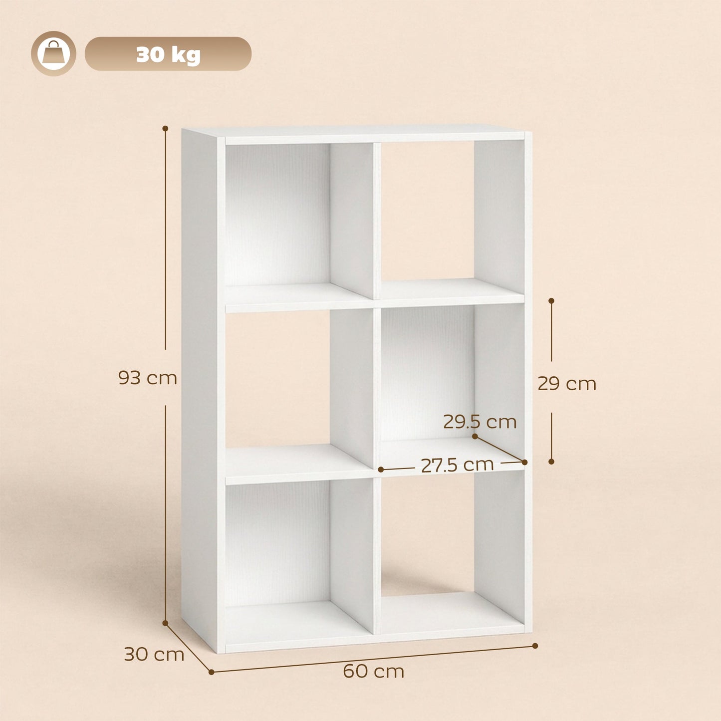 HOMCOM Industrial Style Storage Shelf, Bookcase, Bookshelf with 6 Compartments, for Living Room, Home Study, White Wood Effect