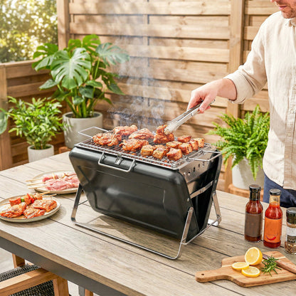 Outsunny Charcoal BBQ Grill Portable Stainless Steel Barbecue with Tilting Grate for Camping Picnic Garden Black
