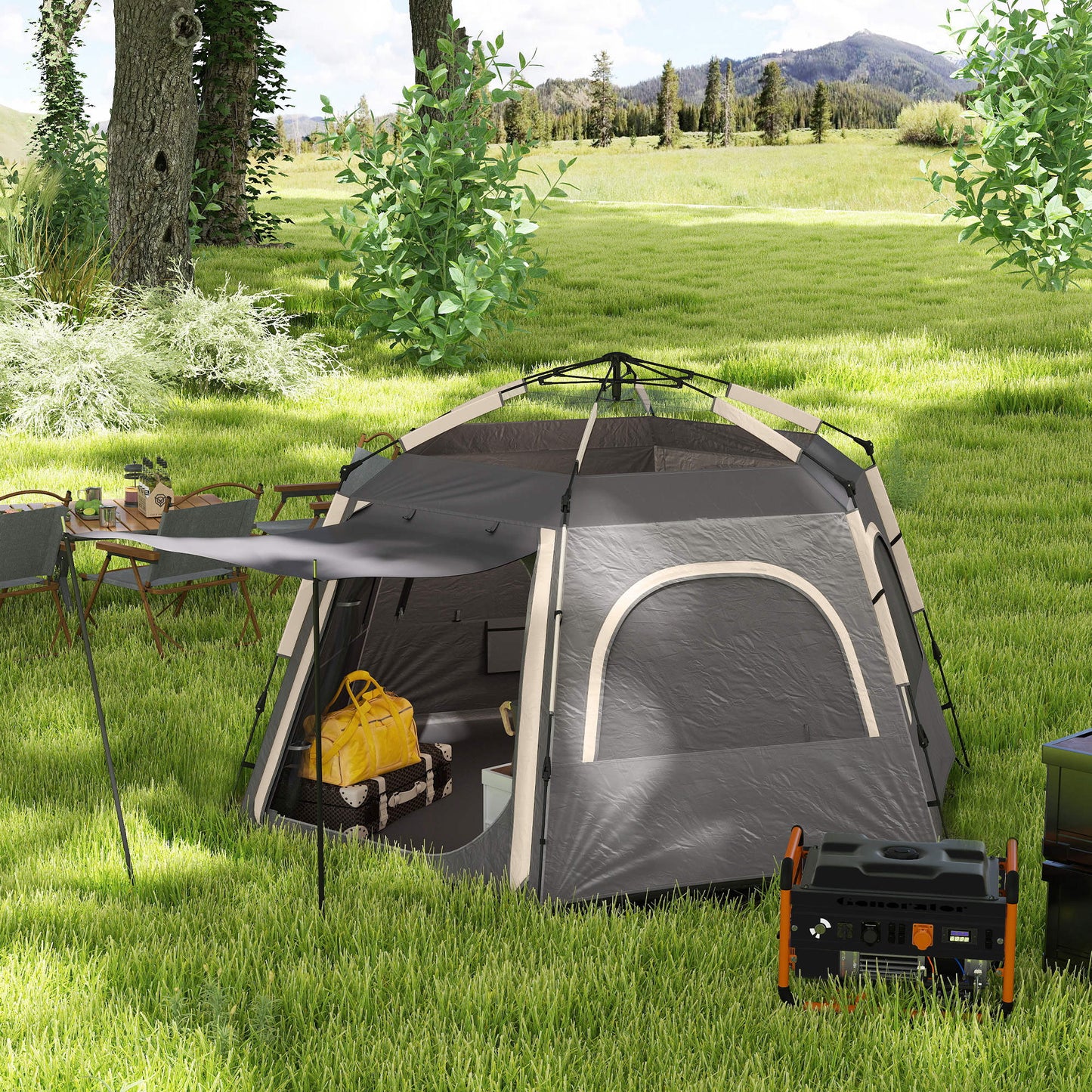 Outsunny Instant Camping Tent, 2/3/4 Person Easy Setup Family Tent with Vestibule, Rainfly, 4 Mesh Windows & 2 Doors, Hexagonal Design, Waterproof UV Protected Dome Tent, Dark Grey