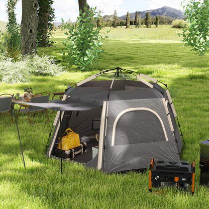Outsunny Instant Camping Tent, 2/3/4 Person Easy Setup Family Tent with Vestibule, Rainfly, 4 Mesh Windows & 2 Doors, Hexagonal Design, Waterproof UV Protected Dome Tent, Dark Grey