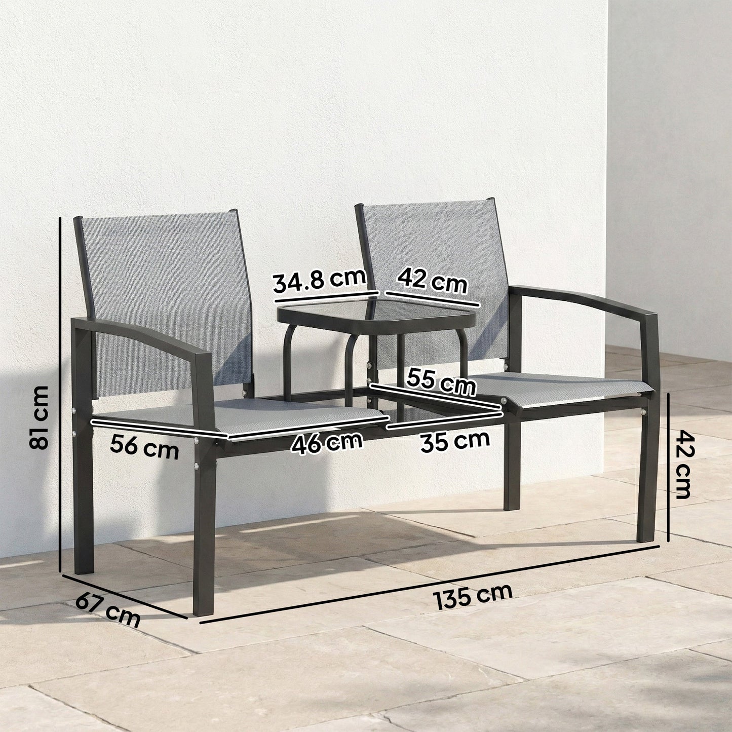 Outsunny Garden Love Seat, 2 Seater Jack and Jill Loveseat Companion Seat with 2-Tier Glass Table, Breathable Texteline, Grey