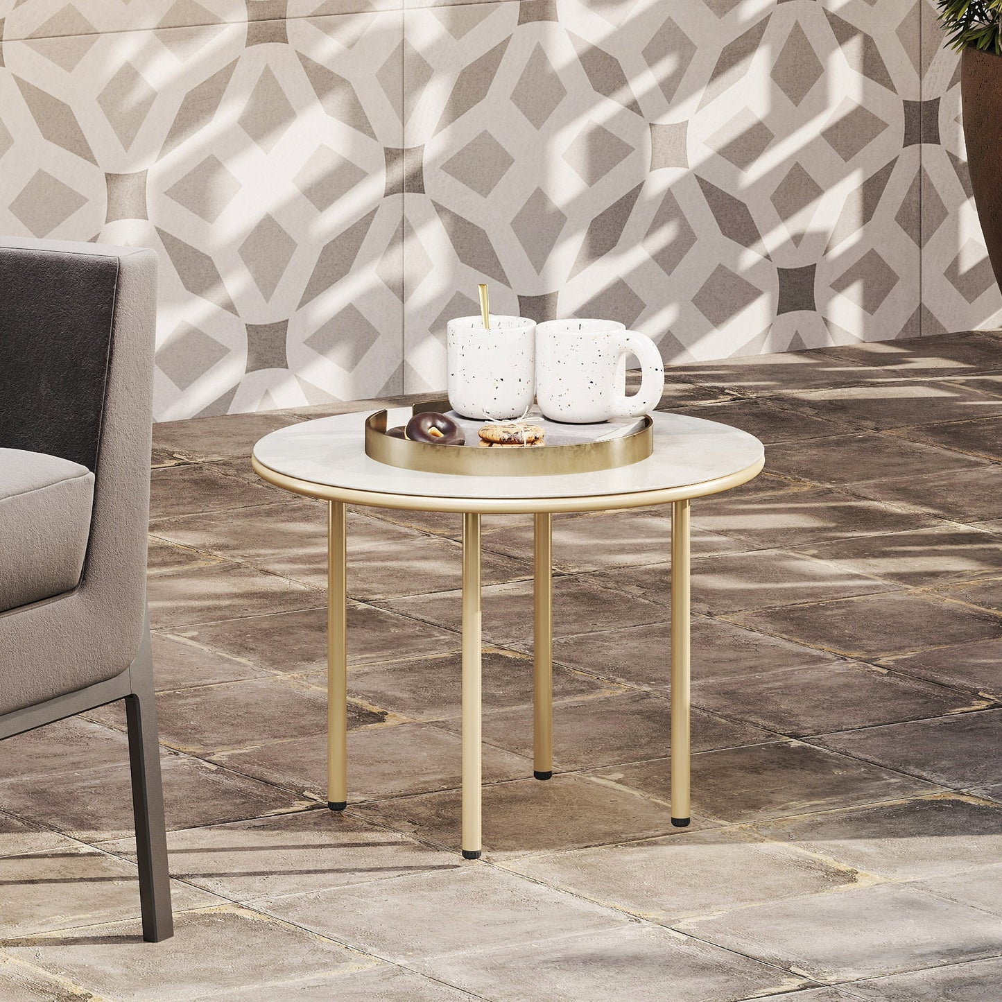 Outsunny Round Small Garden Table, 60cm Outdoor Side Table with Faux Marble Tempered Glass Top, Steel Frame for Garden Patio Balcony, Beige