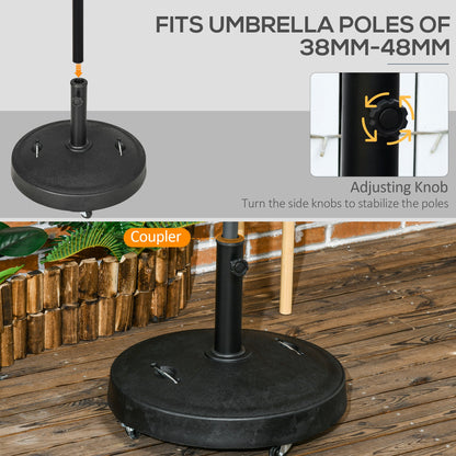 Outsunny 23.5kg Resin Garden Parasol Base with Wheels and Retractable Handles, Round Outdoor Market Umbrella Stand Weight for Poles of \'ce\'a638mm to \'ce\'a648mm, Black