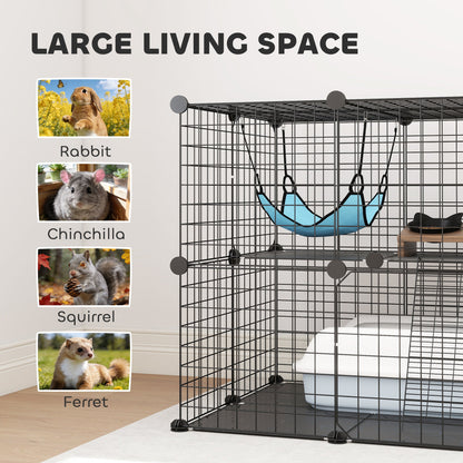 PawHut Indoor Cat Cage DIY Customizable 2-Tier Indoor Cat Enclosure with 2 Doors and Hammock 70 cm Black