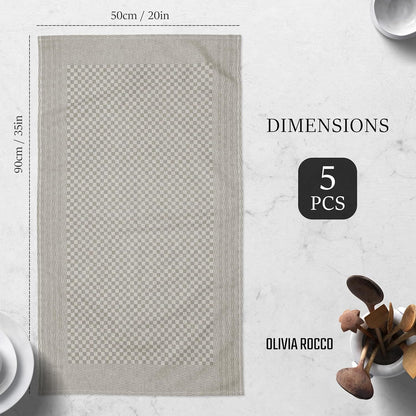 Pack of 5 Large Super Absorbent 100 Percent Cotton Tea Towels Quick Dry Durable Check Pattern Dish Cloths for Kitchen Home and Professional Use by OLIVIA ROCCO