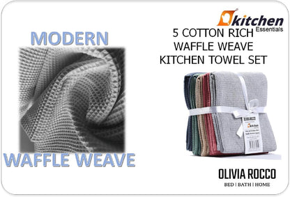5 Pack Ultra Absorbent Waffle Kitchen Tea Towels High-Quality Soft Cotton Assorted Colours Durable for Home and Catering Use by OLIVIA ROCCO