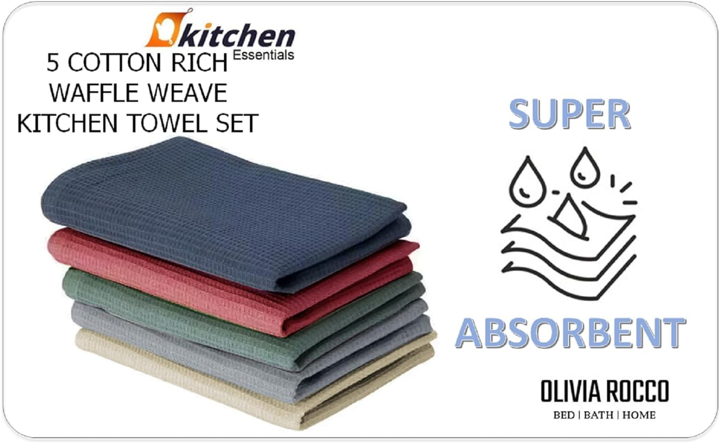 5 Pack Ultra Absorbent Waffle Kitchen Tea Towels High-Quality Soft Cotton Assorted Colours Durable for Home and Catering Use by OLIVIA ROCCO