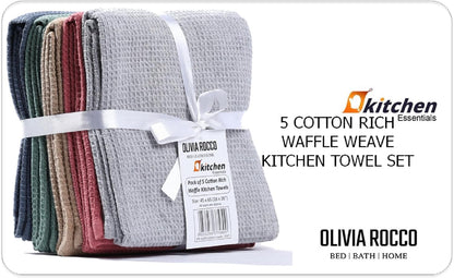 5 Pack Ultra Absorbent Waffle Kitchen Tea Towels High-Quality Soft Cotton Assorted Colours Durable for Home and Catering Use by OLIVIA ROCCO