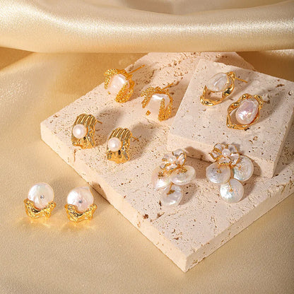 1 pair retro baroque style irregular plating inlay freshwater pearl copper zircon 18k gold plated earrings