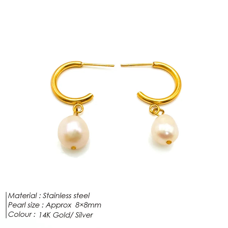 1 Pair 14K Gold Plated Freshwater Pearl Titanium Steel Pearl Geometric Drop Earrings Ear Studs