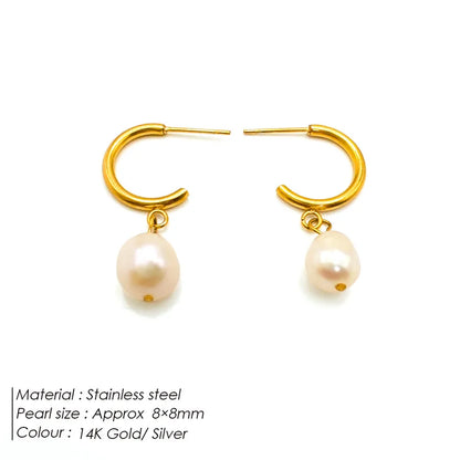 1 Pair 14K Gold Plated Freshwater Pearl Titanium Steel Pearl Geometric Drop Earrings Ear Studs