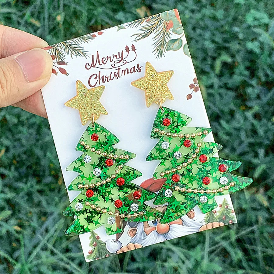 1 Pair Cute Simple Style Christmas Tree Inlay Arylic Rhinestones Drop Earrings