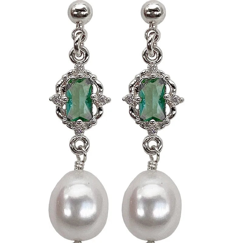 1 Pair 925 Sterling Silver Freshwater Pearl Gem Geometric Drop Earrings