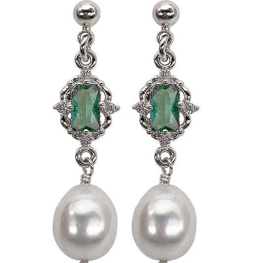 1 Pair 925 Sterling Silver Freshwater Pearl Gem Geometric Drop Earrings
