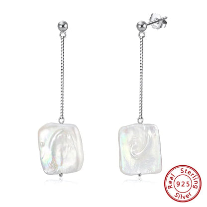 1 Pair 925 Sterling Silver Freshwater Pearl Geometric Square Drop Earrings