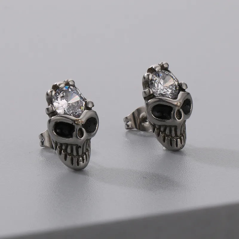 1 Pair Halloween Hip-Hop Skull Inlay 304 Stainless Steel Zircon Earrings Ear Studs