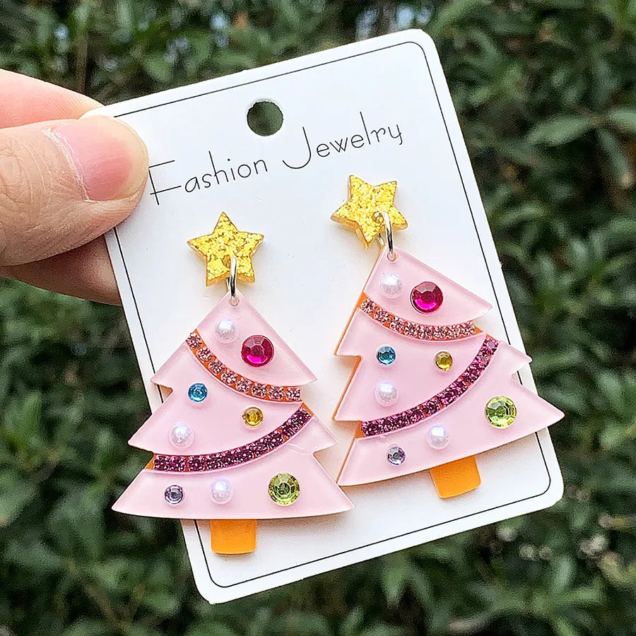 1 Pair Cute Simple Style Christmas Tree Inlay Arylic Rhinestones Drop Earrings