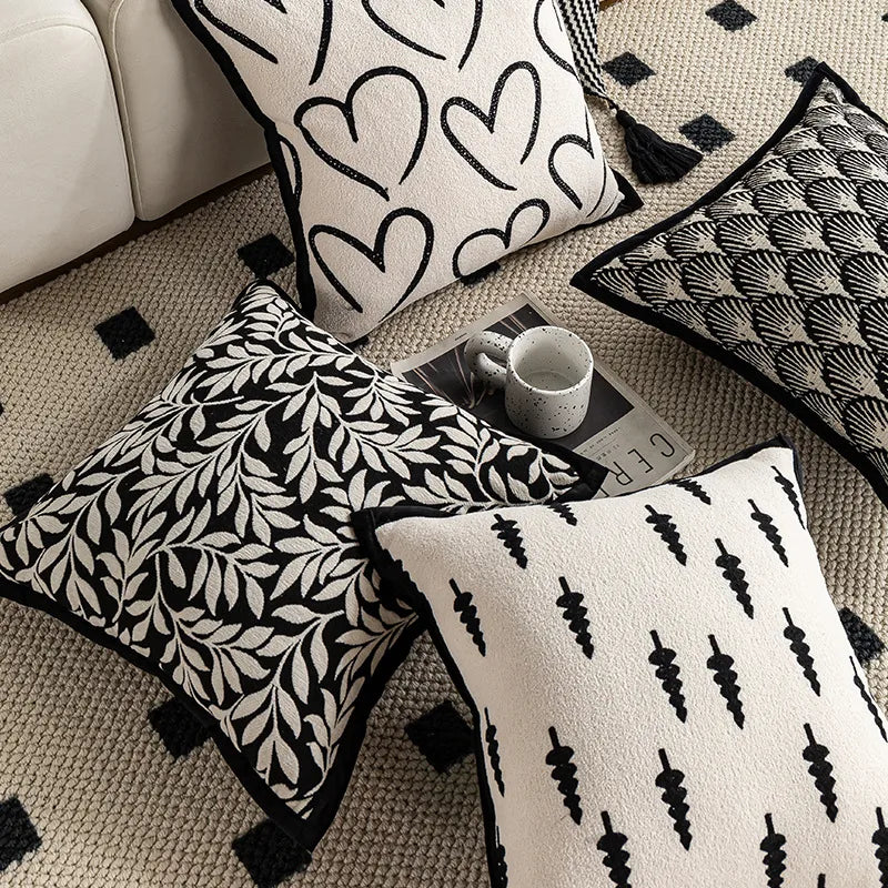 Modern Minimalist Refreshing Black White Sofa Pillow Backlight Luxury Bedside Cushion Cover Stripe Plant Floral Heart Shape Pattern