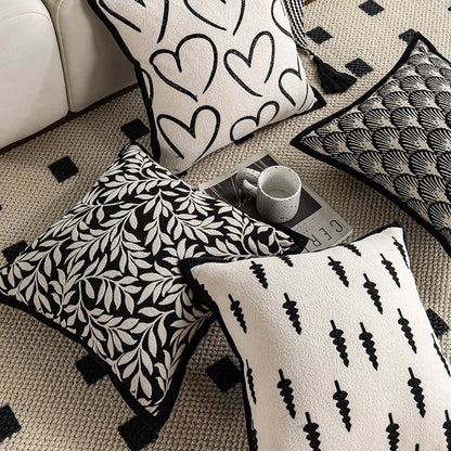 Modern Minimalist Refreshing Black White Sofa Pillow Backlight Luxury Bedside Cushion Cover Stripe Plant Floral Heart Shape Pattern