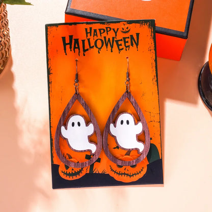 1 Pair Halloween Hip-Hop Funny ghost Spider Skull Wood Drop Earrings