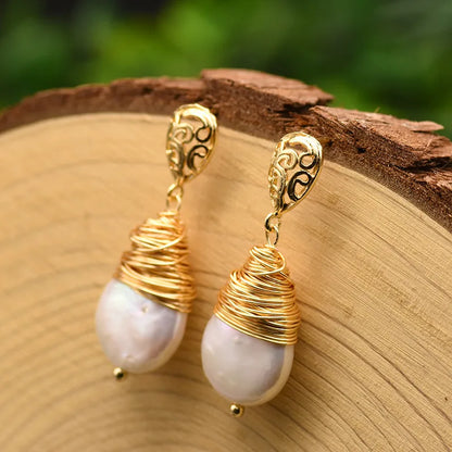 1 Pair 18K Gold Plated Freshwater Pearl Copper Zircon Flower Drop Earrings