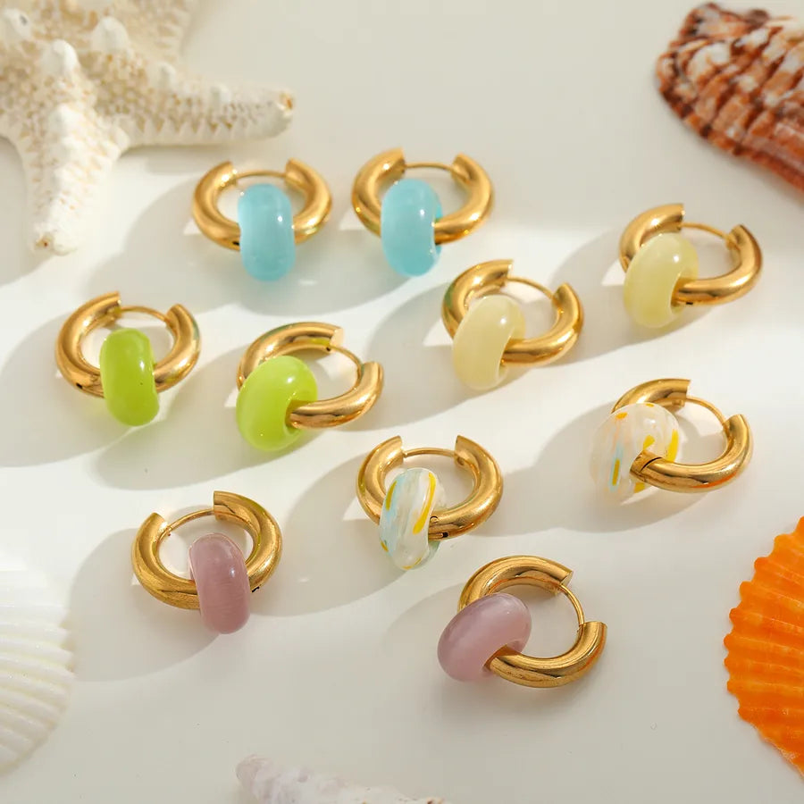 1 Pair Casual Elegant Cute Geometric Plating Inlay 304 Stainless Steel Cat's Eye Stone 18K Gold Plated Earrings