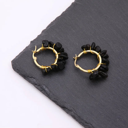1 pair ethnic style bohemian tropical solid color handmade plating natural stone copper 18k gold plated hoop earrings