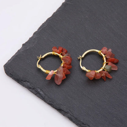 1 pair ethnic style bohemian tropical solid color handmade plating natural stone copper 18k gold plated hoop earrings