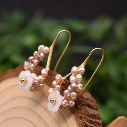 1 Pair 18K Gold Plated Freshwater Pearl Copper Zircon Flower Drop Earrings