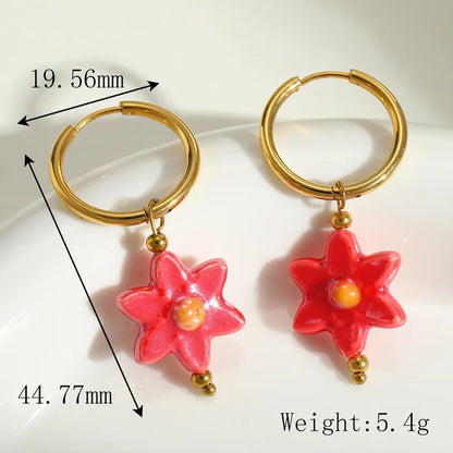 1 Pair Cute Romantic Artistic Flower Plating Inlay 304 Stainless Steel ceramics 18K Gold Plated Earrings