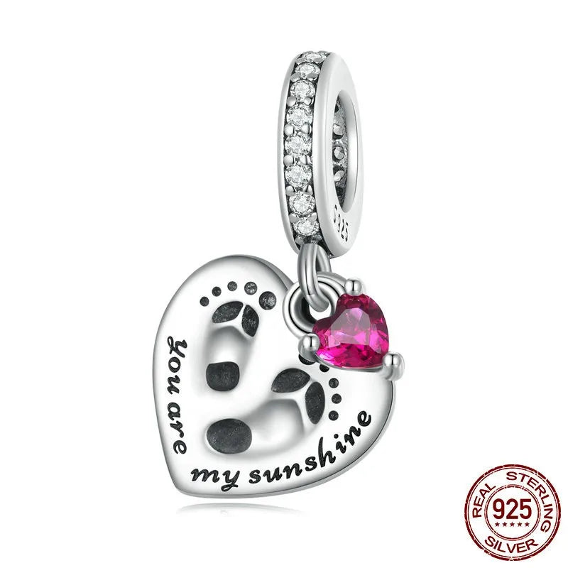 1 Piece 10*20cm Hole 4~4.9mm 925 Sterling Silver Zircon Paw Print Heart Shape Polished Pendant Beads Jewelry Accessories