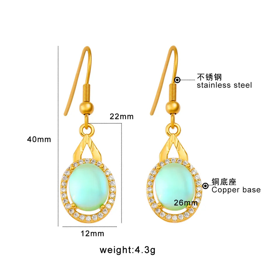 1 Pair Elegant Luxurious Oval Heart Shape Inlay 304 Stainless Steel Copper Zircon 18K Gold Plated Drop Earrings