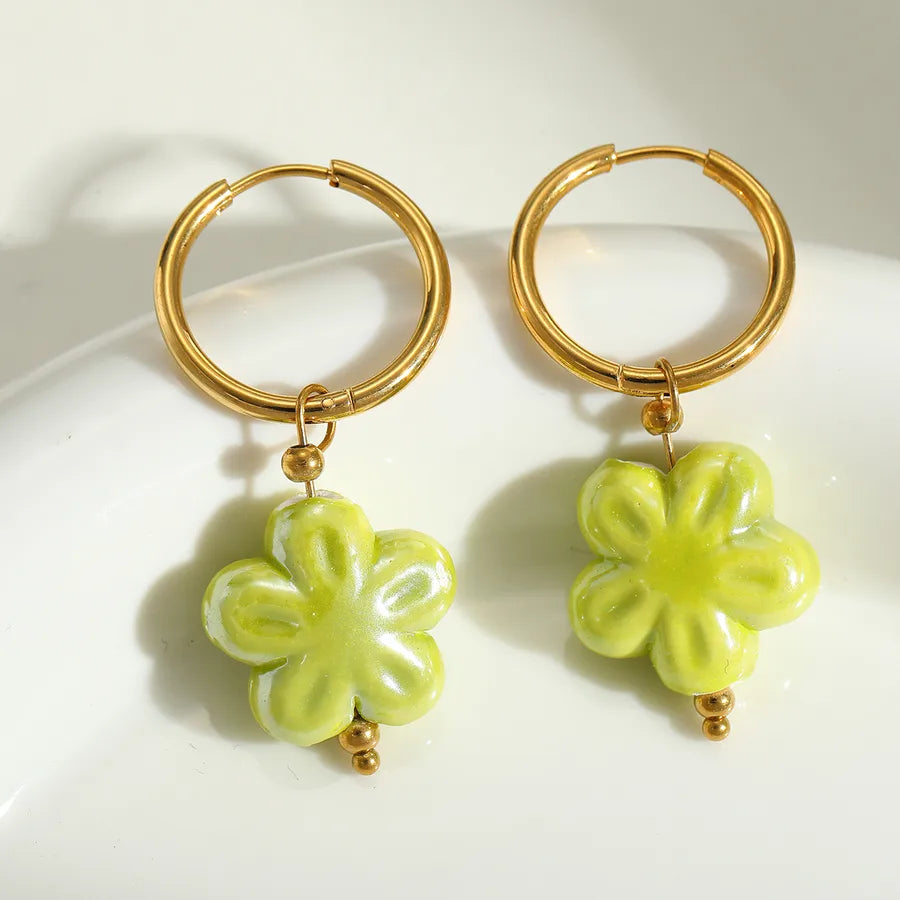 1 Pair Cute Romantic Artistic Flower Plating Inlay 304 Stainless Steel ceramics 18K Gold Plated Earrings