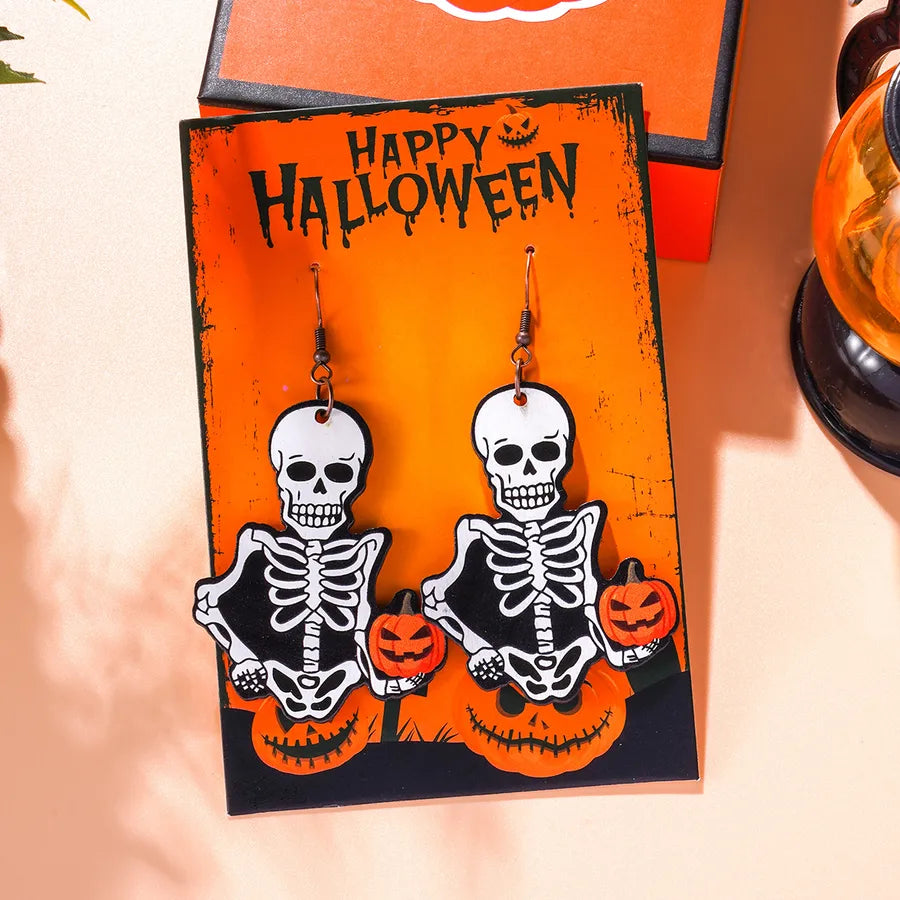 1 Pair Halloween Hip-Hop Funny ghost Spider Skull Wood Drop Earrings