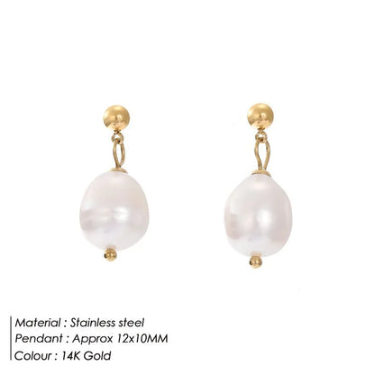 1 Pair 14K Gold Plated Freshwater Pearl Titanium Steel Pearl Geometric Drop Earrings Ear Studs