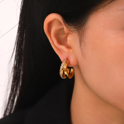 1 Pair Casual Elegant Shiny C Shape 304 Stainless Steel Zircon 18K Gold Plated Ear Studs