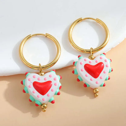 1 Pair Casual Cute Sweet Heart Shape Enamel Plating 304 Stainless Steel 18K Gold Plated Charm Sleeper Hoop Earrings