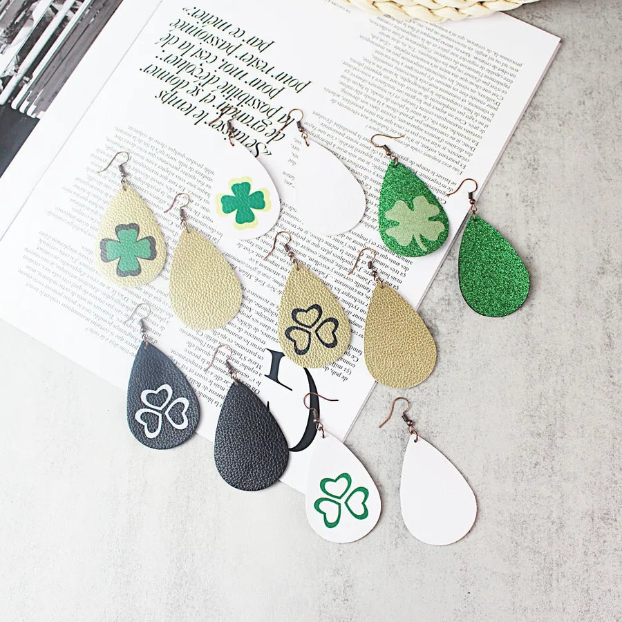 1 pair fashion four leaf clover water droplets pu leather st. patrick women's drop earrings
