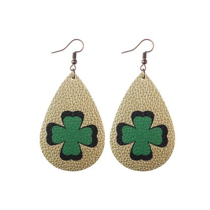 1 pair fashion four leaf clover water droplets pu leather st. patrick women's drop earrings